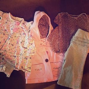 2 floral onsies, ruffle bottoms, & a light jacket